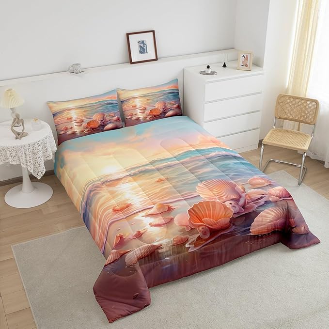 Erosebridal Ocean Bedding Sets Twin Tropical Hawaii Comforter Set Summer Beach Bedding Comforter Seashell Conch Bed Set Oil Painting Quilted Duvet Coastal Sealife Girls Teen Bedroom Décor Soft
