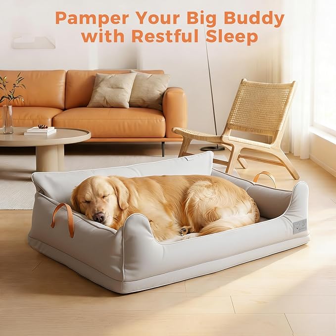 Removable Orthopedic Dog Beds for Large Dogs, Leather Memory Foam Dog Sofa Bed, Waterproof Durable Dogs Bed Couch with Non Skid Bottom for All Pet Sizes (Silver Gray, Large)
