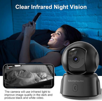 GOLSPARK 2K Indoor Security Camera for Baby Monitor, 2.4GHz WiFi 360 Pet Camera with Night Vision Motion Tracking Detection Two-Way Audio Sleep Mode SD Card Cloud Storage, Black
