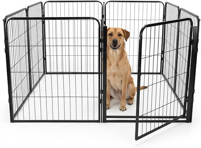 Outdoor Dog Playpen - 32 inch, 8 Panels for Small and Medium Size Dogs - Heavy Duty Metal Pet Fence with Black Anti-Rust Coating - Portable Exercise Play Pen for RV, Camping, and Yard