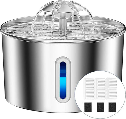 Cat Water Fountain Stainless Steel - 74oz/2.2L Pet Gift Dog Water Dispenser Automatic Silent Cats Dispenser for Drinking Indoor Metal Kitty Spout Fountains with 3 Filters & 3 Sponges Cat Dogs Gifts