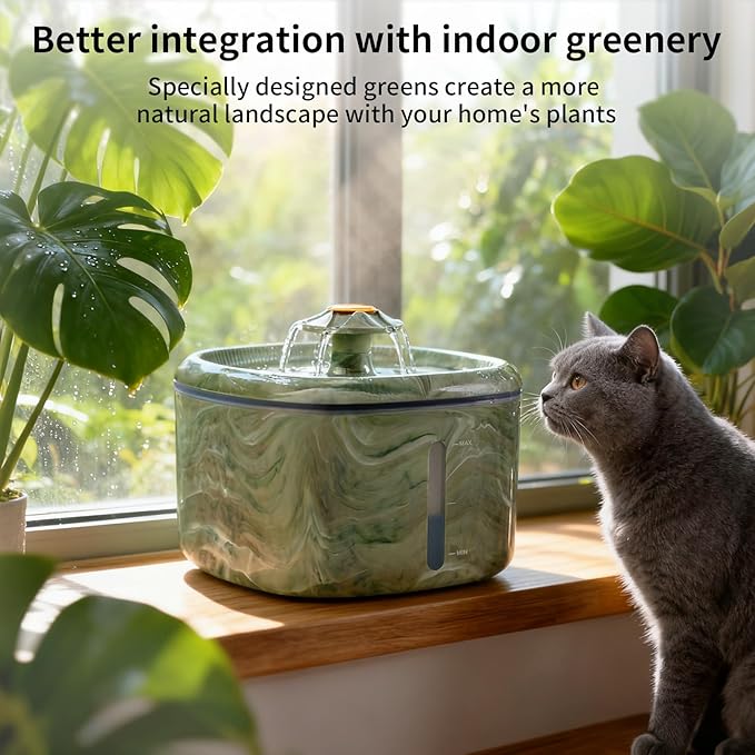 Cat Water Fountain,2.5L/84oz Cat Fountain for Drinking with Rotating Attractor & Camouflage Green Design –Automatic Pet Water Dispenser Bowl (Green+2Filters)