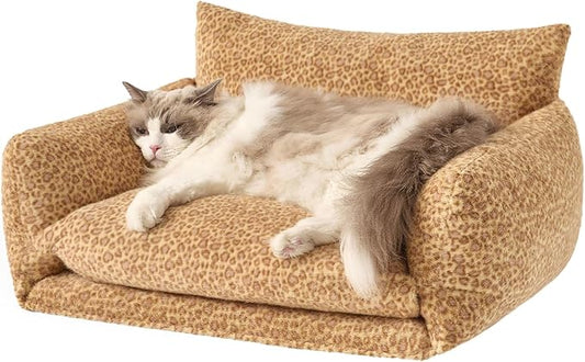 Hollypet Cat Bed Fluffy Plush Mutifuctional Double-Layer Soft Pet Couch Orthopedic Sofa Nest Beds for Small Cats and Dogs, Yellow Leopard (25x20x13 inch)
