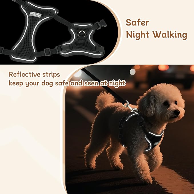 Small Dog Harness and Leash Set, Reflective Soft Breathable Mesh Vest, 3 Buckles, Adjustable Neck and Chest,Step in Dog Harness for Walking, Running, Training, Black, M