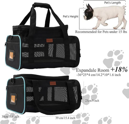 HSC PET Soft Sided Cat Carrier Soft Small Pet Carriers Dog Carrier Airline Approved Dog Carriers,Lightweight,Luxury Style,Top Expandable,Guaranteed on Cabin Board Flight Travel Recommend Under 15lbs