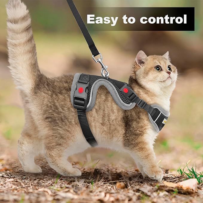 MingXpets Cat Harness and Leash for Walking, Retractable Cat Harnesses and Leash Set Escape Proof, Breathable Soft Kitten Small Large Harness for Travel Training and Walking, Black, M