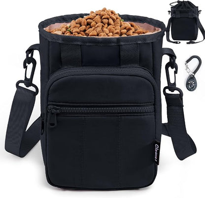 Stylish Dog Training Treat Pouch with Waist & Shoulder Strap, Dog Treat Bag for Walking and Training, Removable Waterproof Liner, Drawstring Treat Holder with Front Pocket & Clicker
