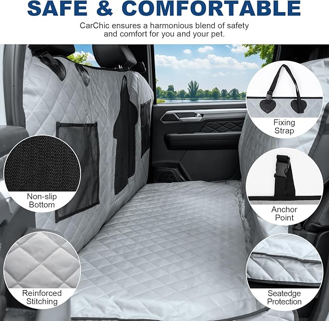 Dog Car Seat Cover for Back Seat - Waterproof Pet Hammock with Embedded Insert Door Protectors (XLarge for Crew Cab Truck with Fold‑Up Seat)