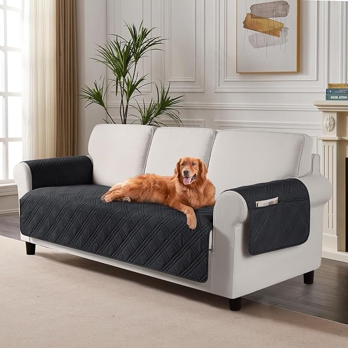 TAOCOCO Waterproof Couch Covers for Pets Dogs with Non Slip Backing, Sofa Seat Covers with Side Pocket for 3 Cushion Couch Washable Dog Couch Cover Protector Sofa Slipcovers(Sofa Plus, Black)