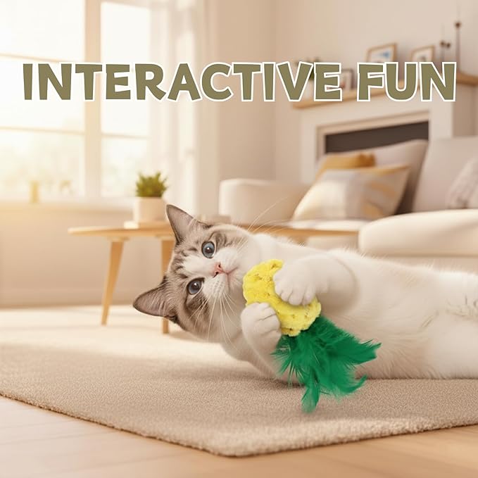 CECE PAW Pineapple Catnip Toys for Indoor Cats, Plush Feather Kicker Toy with Organic Catnip, Interactive Bunny Kick and Bat Toy for Kittens, Soft Curly Fabric
