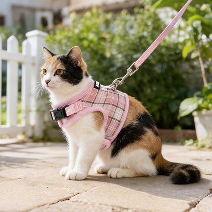 AIITLE Adjustable Bunny Harness & Leash Set - Soft Mesh Liner, Comfort Fit Plaid Pattern Vest with Magic Tape Design, Portable for Small Animal Pets Puppy Cat Rat Squirrel Ferret, Pink L