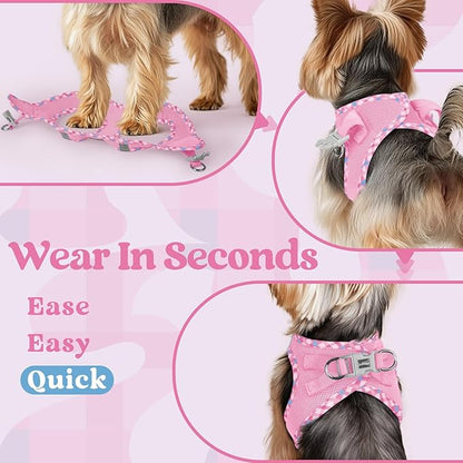 rabbitgoo Small Dog Harness, Step-in Soft Mesh Puppy Vest with Safety Buckle, Breathable Reflective Pet Harness for Small Sized Dogs, Pink & Plaid Trim XS