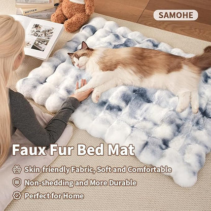 Cat Bed, Plush Faux Fur Kneading Flat Mat - Machine Washable Fluffy Pet Bed for Indoor Cats, Non-Slip Small Kitten Bed, Therapeutic Knead Cat Mat for Couch & Window Sill, 23"×15" Inch, Blue