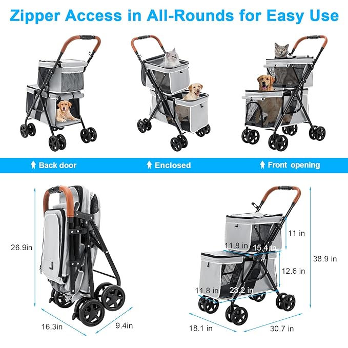 Double Pet Stroller for Dogs and Cats, One-Hand Folding Dog Stroller Travel Carriage for Small Medium Dogs Cats, 4 Wheels, Gray