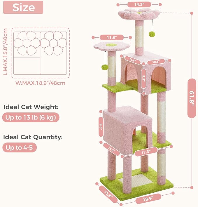MUTTROS Flower Cat Tree, 62-Inch Large Cat Tower for Multi-Cat Households w/Scratching Posts, Multi-Level Cat Condo w/Cozy Top Perch & Scratching Pad, Padded Platform, 2 Pompoms, Pink