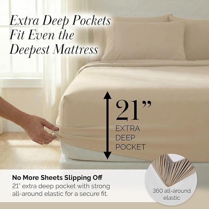 Southshore Fine Living, Inc. 6-Piece Full Bed Sheets Set, 21-Inch Deep Pocket Full Size Sheets Set, Deep Pocket Fitted Sheet, Flat Sheet, Microfiber Bedding, Beige Pillow Cases, Tan Bedding, Soft Sand