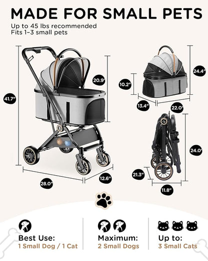 GTPLAYER Pet Stroller for Dogs & Cats, 3-in-1 Foldable Pet Strollers with Detachable Carrier, 360° Swivel Front Wheels & Rear Brakes, Up to 45 lbs, Grey