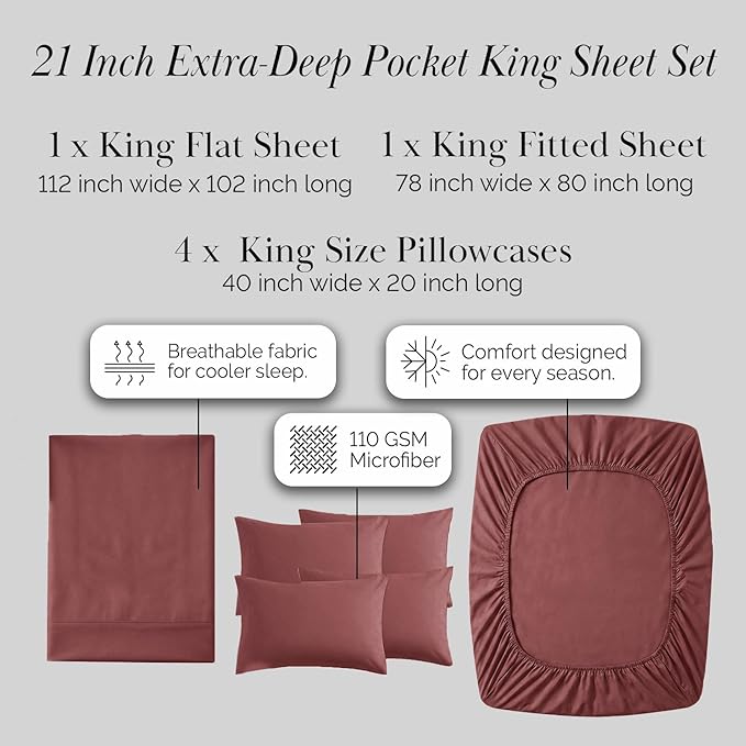 Southshore Fine Living, Inc. 21-Inch Extra Deep Pocket King Sheet Set, 6 Piece King Size Sheets Set for Tall Mattress, Microfiber Pet Hair Resistant Bedding, Rust Colored, Terracotta Sheets, Marsala