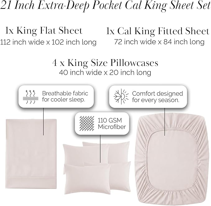 Southshore Fine Living, Inc. 21-Inch Extra Deep Pocket Cal King Sheet Set, 6-Piece California King Sheets Deep Pocket, Pet Hair Resistant Bedding, Machine Washable - Natural Beige