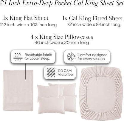 Southshore Fine Living, Inc. 21-Inch Extra Deep Pocket Cal King Sheet Set, 6-Piece California King Sheets Deep Pocket, Pet Hair Resistant Bedding, Machine Washable - Natural Beige
