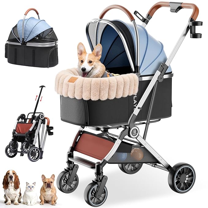 GTPLAYER Pet Stroller with Matching Stroller Mat Set, for Small Dogs and Cats Up to 45 lb, Detachable Carrier, One-Hand Fold, Stroller: Light Bule, Mat: Beige