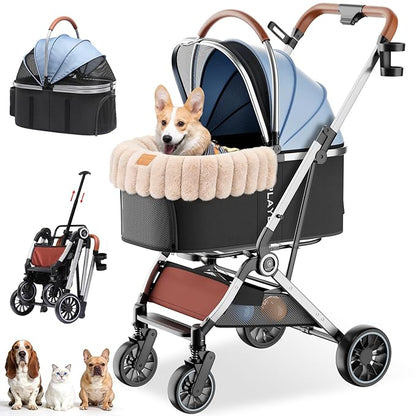 GTPLAYER Pet Stroller with Matching Stroller Mat Set, for Small Dogs and Cats Up to 45 lb, Detachable Carrier, One-Hand Fold, Stroller: Light Bule, Mat: Beige