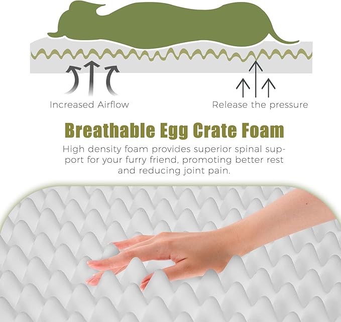 Orthopedic Outdoor Waterproof Dog Beds for Extra Large Dogs, Washable Crate Bed with Egg Crate Foam Pet Bed Mat and Removable Oxford Fabric Cooling Cover Bed,45"x 32", Dark Green