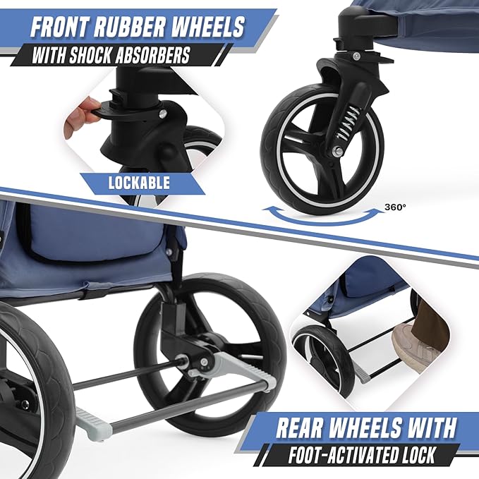 Pet Stroller for Large Dogs or Multiple Dogs Cats with Adjustable Handle, 3-Wheels Dual Entry Visible Portable Dog Carting Easy Folding Pet Wagon Double Dog Stroller up to 55 lbs, Navy Blue