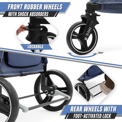 Pet Stroller for Large Dogs or Multiple Dogs Cats with Adjustable Handle, 3-Wheels Dual Entry Visible Portable Dog Carting Easy Folding Pet Wagon Double Dog Stroller up to 55 lbs, Navy Blue
