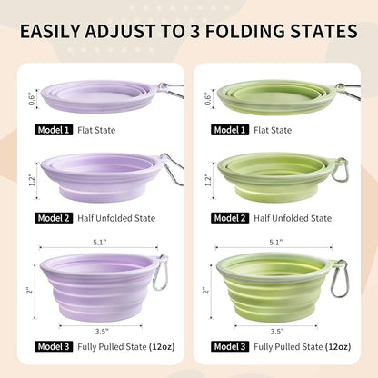 Collapsible Dog Bowls 2-Pack, Portable Travel Dog Bowl with Carabiner, Food-Grade Silicone Pet Bowl for Hiking, Walking(Macaron Violet and Green)