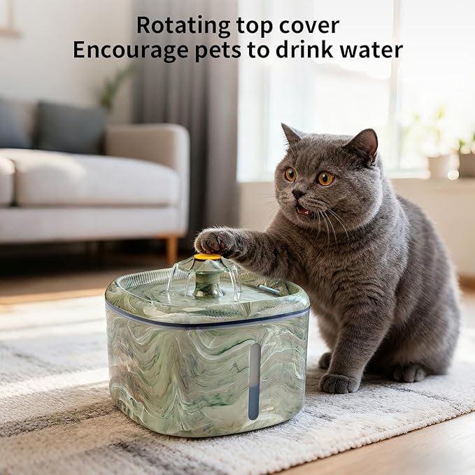 Cat Water Fountain,2.5L/84oz Cat Fountain for Drinking with Rotating Attractor & Camouflage Green Design –Automatic Pet Water Dispenser Bowl (Green+8Filters)