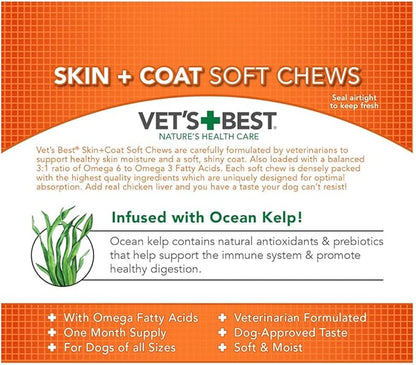 Vet's Best Skin & Coat Dog Supplements - Formulated with Vitamin E and Biotin to Maintain Dogs Healthy Skin and Coat - 30 Soft Chews