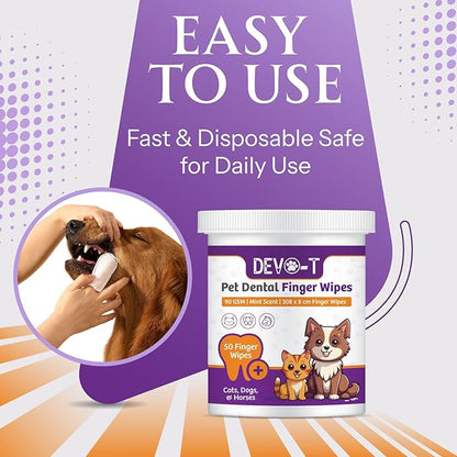 DEVO-T 100% Natural Dog Teeth Cleaning Wipes Mint Scented | 50 Count | Pet Teeth Cleaning Finger Wipes for Dogs, Cats & Horses | Remove Bad Breath, Plaque & Tartar Buildup | Dog Dental Wipes Finger