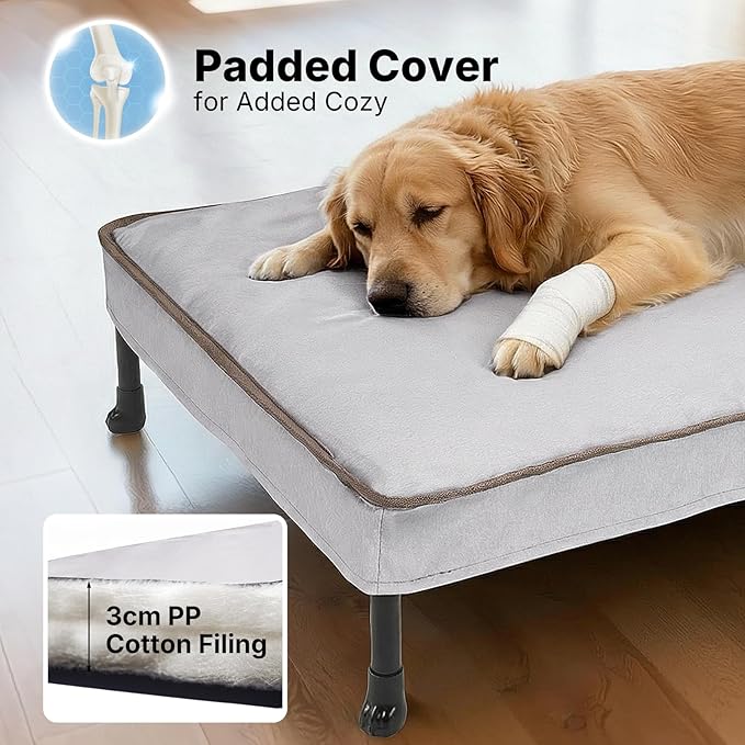 Veehoo Elevated Dog Bed with Waterproof Cushion Mat, Cooling Raised Dog Beds with Padded Top, Washable Outdoor Dog Bed, Orthopedic Pet Cot for Indoor & Outdoor, Large Dog Bed 42" x 30", Dark Grey
