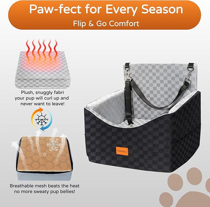Dog Car Seat Booster for Small Medium Dogs up to 35 lbs - Elevated Memory Foam Pet Booster Seat with Detachable Washable Cover, Safety Tether, Storage Pockets (Grey, Medium)