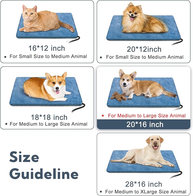 Heating Pad for Cats and Dogs Outdoor,Indoor Warming Cat Heating Pad, Waterproof，Chew Resistant Cord (Blue, 20 X 16)