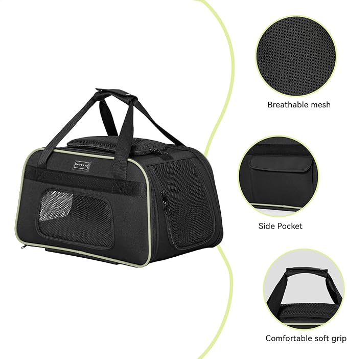 Petsfit Cat Carrier with Wheels Airline Approved, Pet Dog Carrier with Wheels for Small Dogs, Rolling Cat Carrier for Cats Puppy Stroller Detachable and Foldable Pet Travel Bag, Black&Green
