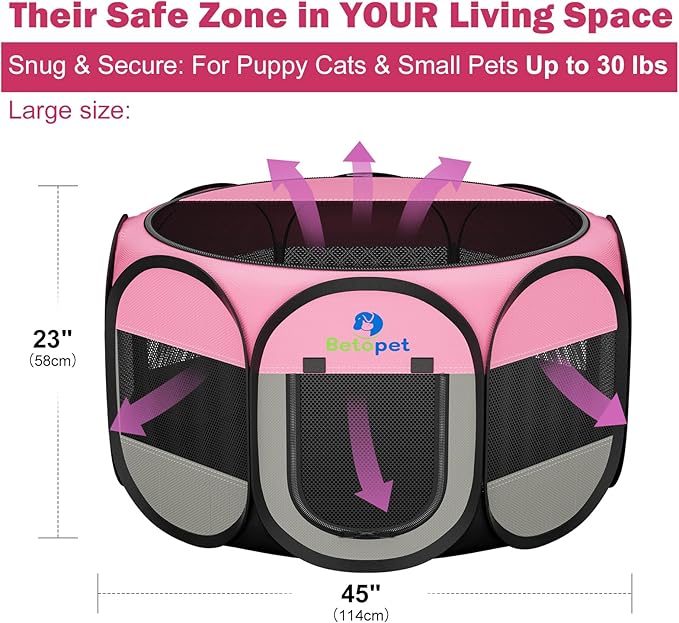 Playpen for Small Dogs Cats Crate: Puppy Play Pen Indoor Outdoor Foldable Potable Exercise Cage Pop up Kennel for Guinea Pig Rabbits Hamster Travel with Carrying Case & Food Bowl (Pink, L, 1)