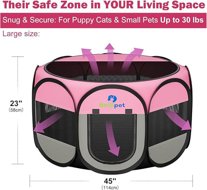 Playpen for Small Dogs Cats Crate: Puppy Play Pen Indoor Outdoor Foldable Potable Exercise Cage Pop up Kennel for Guinea Pig Rabbits Hamster Travel with Carrying Case & Food Bowl (Pink, L, 1)