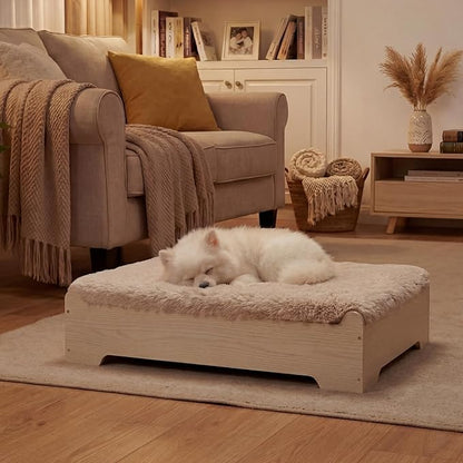 Elevated Wooden Dog Bed with Supportive Cushion & Washable Cover, Sturdy Noise-Free Frame, Modern Furniture-Style Design for Indoor Living Spaces, S Size for Small Dogs, Natural Wood Finish