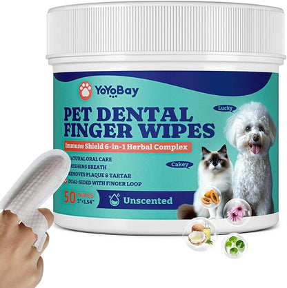 Dog Teeth Cleaning Wipes, Pet Finger Dental Wipes for Dogs & Cats, Dual-Sided, 6-in-1 Herbal Formula, Remove Plaque & Tartar, Freshen Breath, No-Rinse Toothbrushing Wipes - 50 PCS, Unflavored