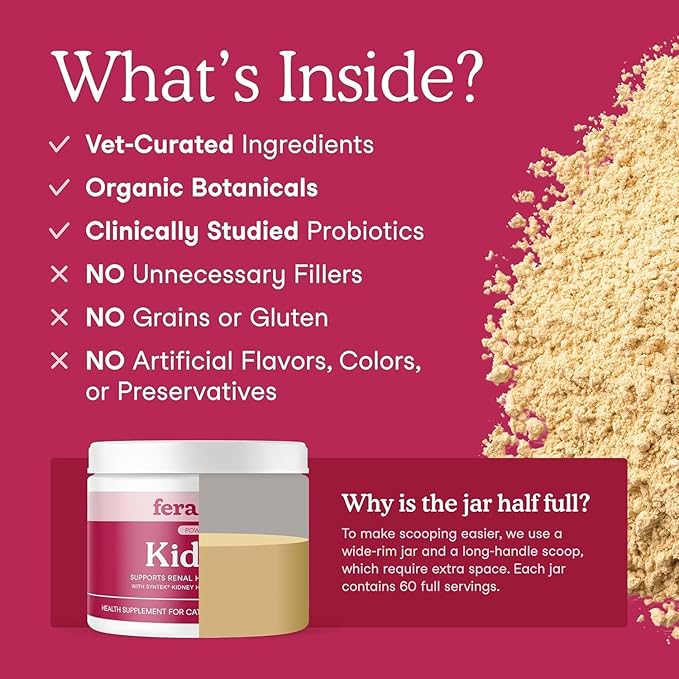 Fera Pets Cat Kidney Support Powder with Antioxidants & Probiotics - Enhances Renal Health & Function - Promotes Regular Detoxification - 60 Scoops