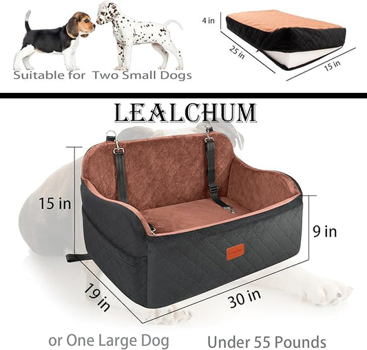 Lealchum Dog Car Seat for Large Size Dog,Soft Fabric Car Dog Bed Filling Memory Foam,2 Clip-On Safety Leashs and 2 Pockets,Removable and Washable Comfy Pet Car Seat(Black/Brown, Large)