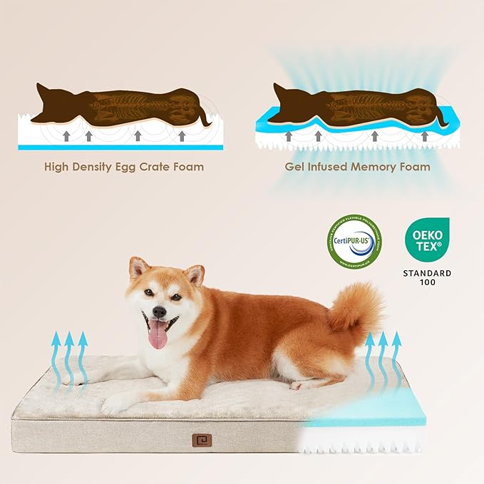 EHEYCIGA Orthopedic Dog Bed Waterproof 35"x23", Memory Foam Pet Bed for Larged Size Dogs, Washable Pet Mat with Removable Cover, Beige
