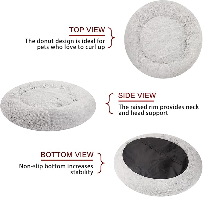 Bedfolks Calming Donut Dog Bed, 23 Inches Round Fluffy Dog Beds for Small Dogs, Machine Washable Anti-Anxiety Plush Puppy Bed（Light Grey, Small）