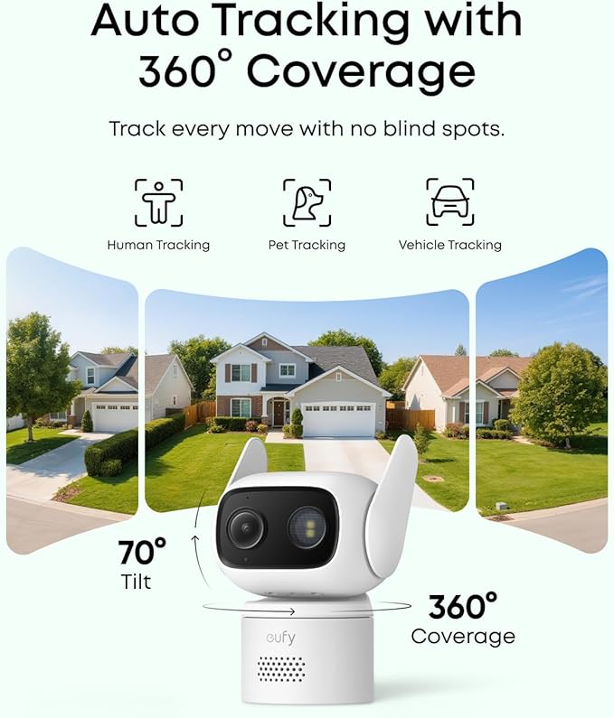 eufy Security Wired Cam C31 2-Pack, Indoor/Outdoor Camera, IP66, 360° Coverage w/Pan&Tilt, 24/7 Recording, Auto Tracking, No Subscription, Color Night Vision, AI Human/Vehicle/Pet/Cry Detection