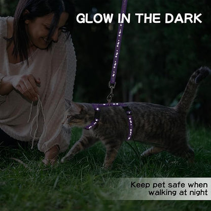 PAWCHIE Cat Harness with Leash and Collar Set - Escape Proof Adjustable H-shped Cat Harness with Star and Moon Pattern Glow in The Dark for Kitty Outdoor Walking, Purple M