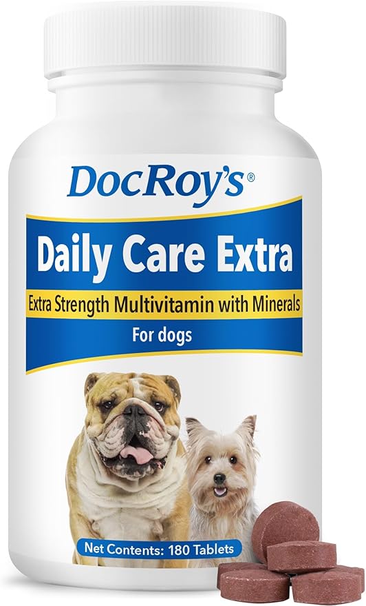 Doc Roy's Daily Care Extra Canine, Advanced Multivitamin Supplement for Dogs, Supports Energy, Immune, Muscle, Bone & Brain Health, Provides Vitamins A C D3 E B Complex, Iron Zinc, 180ct Tablets