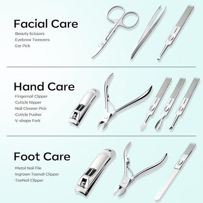 FAMILIFE Manicure Kit for Women, Professional Manicure Set Nail Clippers Set 11 in 1 Stainless Steel Pedicure Tools Nail Kit Men Grooming Tool with Portable Green Travel Case for Home, Travel