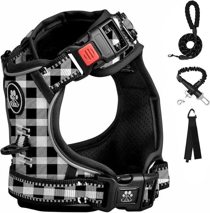 FURRYFECTION Plaid Dog Harness for Large Dogs, Reflective No Pull Adjustable Pet Vest with Front Clip, Leash, Easy Control Handle and Seat Belt, Beige&White, L